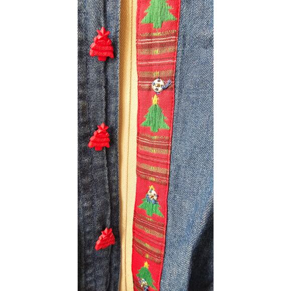 Vintage Carrie Allen Denim Embellished Christmas Tree Button Shirt Top Small - Picture 2 of 7